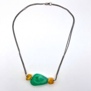Sterling Silver 925 Green Chrysoprase & Egg Yolk Amber Necklace‎ Artisan Pendant